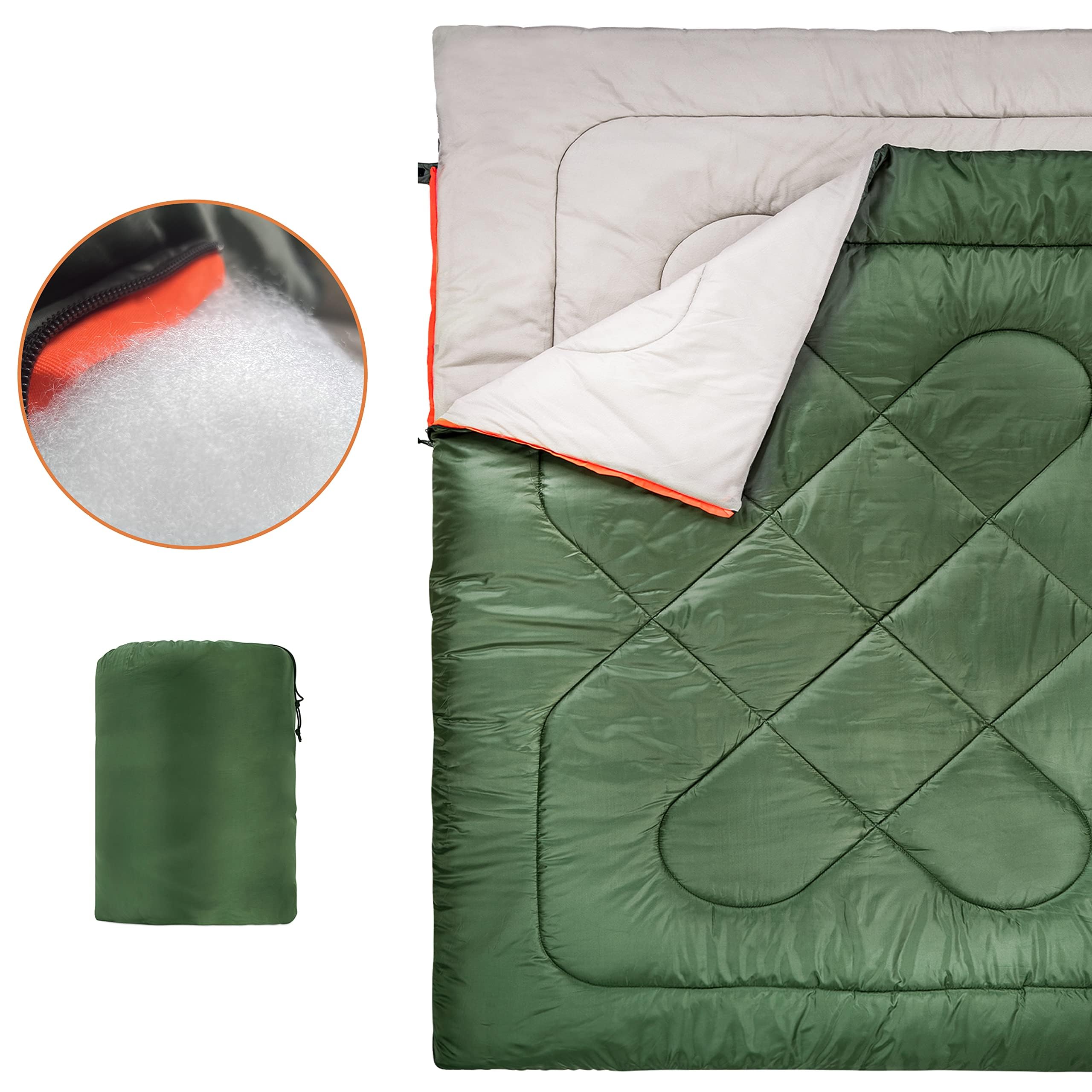 Amazon Basics Rechteckig Schlafsack für kaltes Wetter, zum Camping und Wandern, Queensize-Größe für Zwei Personen, Double, olivgrün