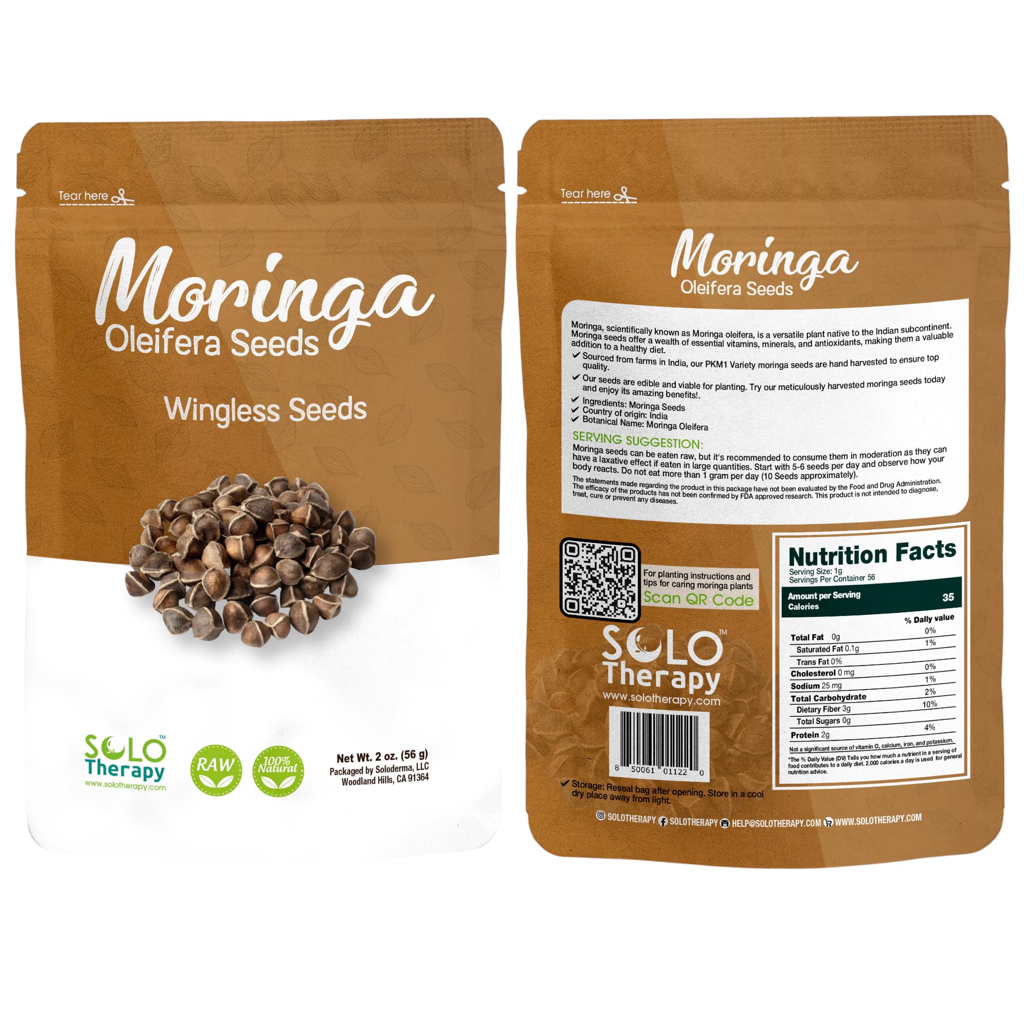 Solo Therapy Moringa Seeds Wingless PKM1, Edible, Malunggay, Drumstick Tree Herbal Tea - Resealable Bag - 56 Grams - Premium Quality (Moringa Seeds Wingless)