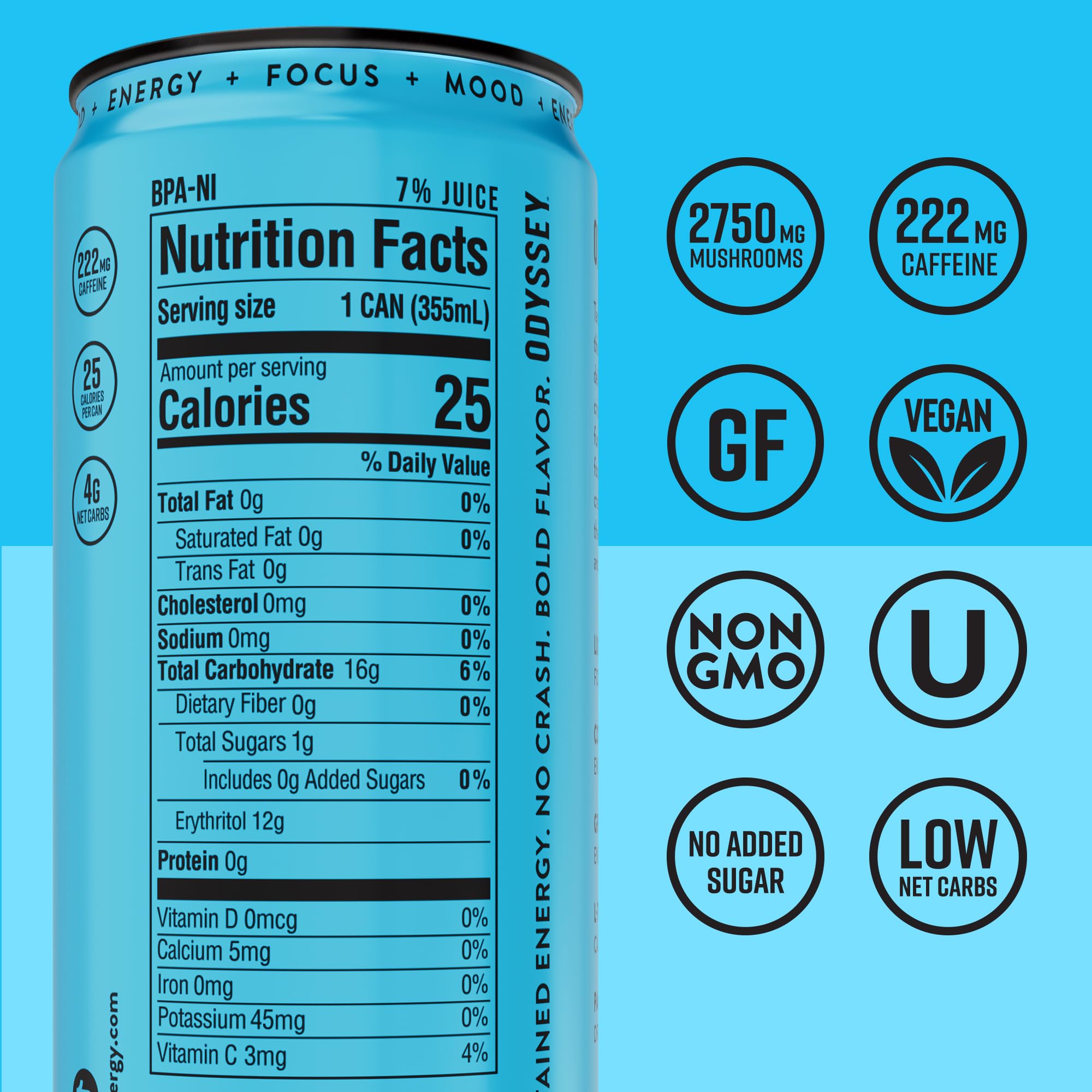 Odyssey Functional Energy Drink for Focus, Cognition & Mood Support 12 Pack - Adaptopgenic Drink with 222mg Green Tea Caffeine, Lionโs Mane, Cordyceps, L-Theanine & Ginseng - Sparkling Blue Raspberry