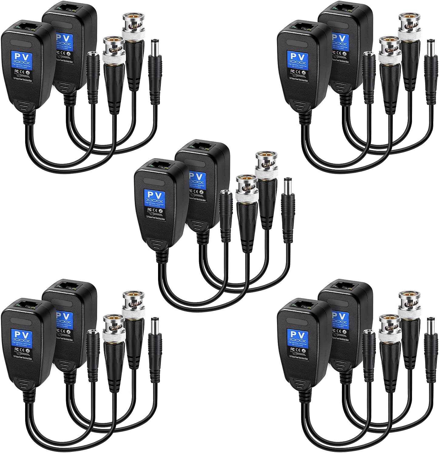 Passive Video Balun RJ45 Transceiver Transmitter HD-CVI/TVI/AHD/CVBS with DC Built-in Transient Suppression Protection for 720P/960P/1080P/2MP CCTV Security DVR Surveillance Camera System 5 Pairs