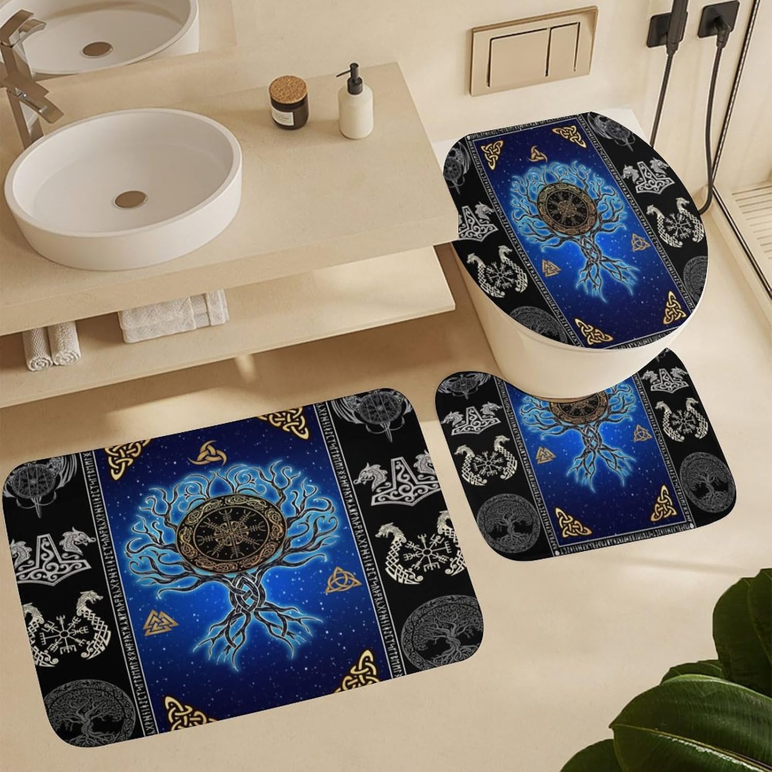 Brebasf Rustic Norse Viking Dragon 4 Pieces Shower Curtain Set, Fantasy Retro Tree of Life Nordic Vikings Ancient Symbols Print Non-Slip Rugs Toilet Lid Cover Bath Mat and Bathroom Curtain