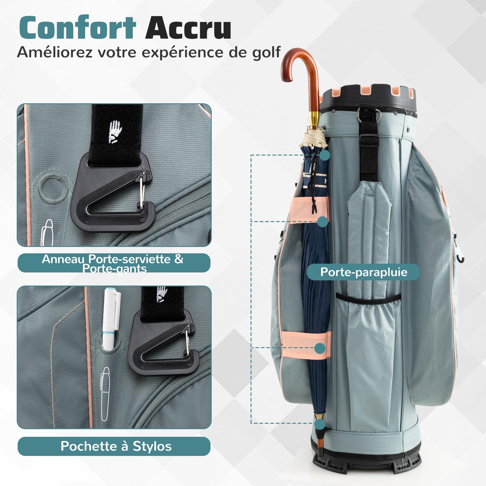 GOPLUS Sac de Golf Léger et Portable avec 14 Compartiment Pleine Longueur, 11 Poche, Sac Transport de Clubs Golf Léger avec Bandoulière, Housse de Pluie, Porte-Parapluie pour Femmes et Hommes