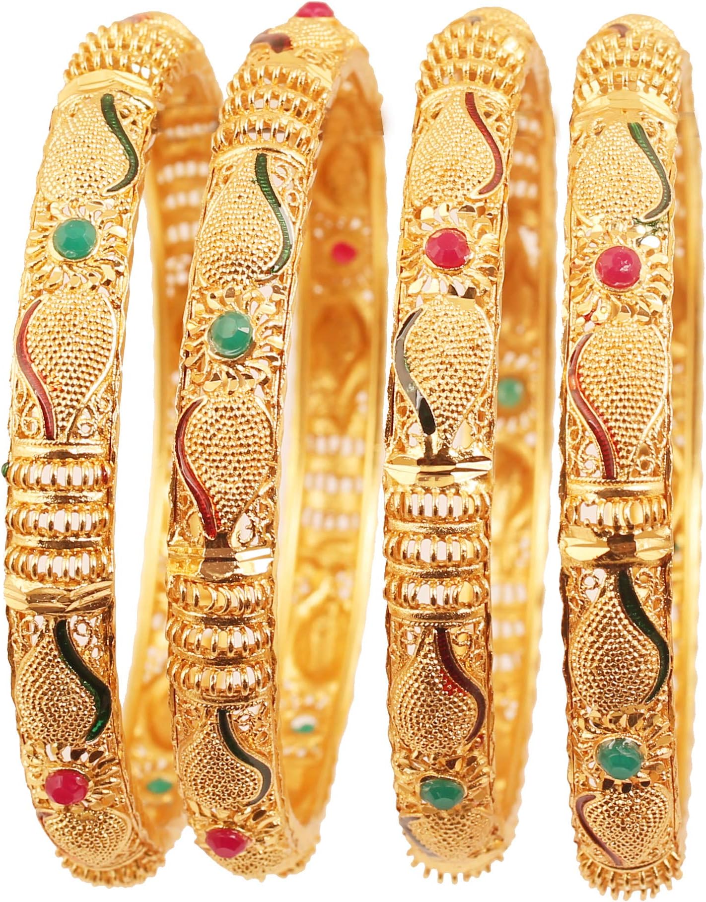 Golden Bangle Collection Indian Bollywood Desire Beautifully Carved Conch Shell Inspired Thick Designer Jewelry Bangle Bracelets. Set of 4. in Gold Tone for Women