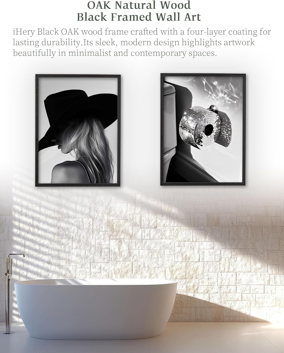 iHery 16x20in Black Natural OAK Wood Disco Ball Toilet Paper Framed Wall Art, Trendy Funny Bathroom Decor, Modern Black and White Canvas Wall Art For Bedroom Living Room 1Pack