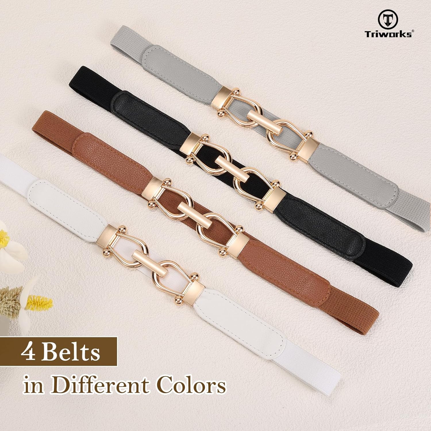 4 Pack Women Skinny Elastic Belts Gold Buckle Thin Stretchy Waist Belts for Dresses - Image 4