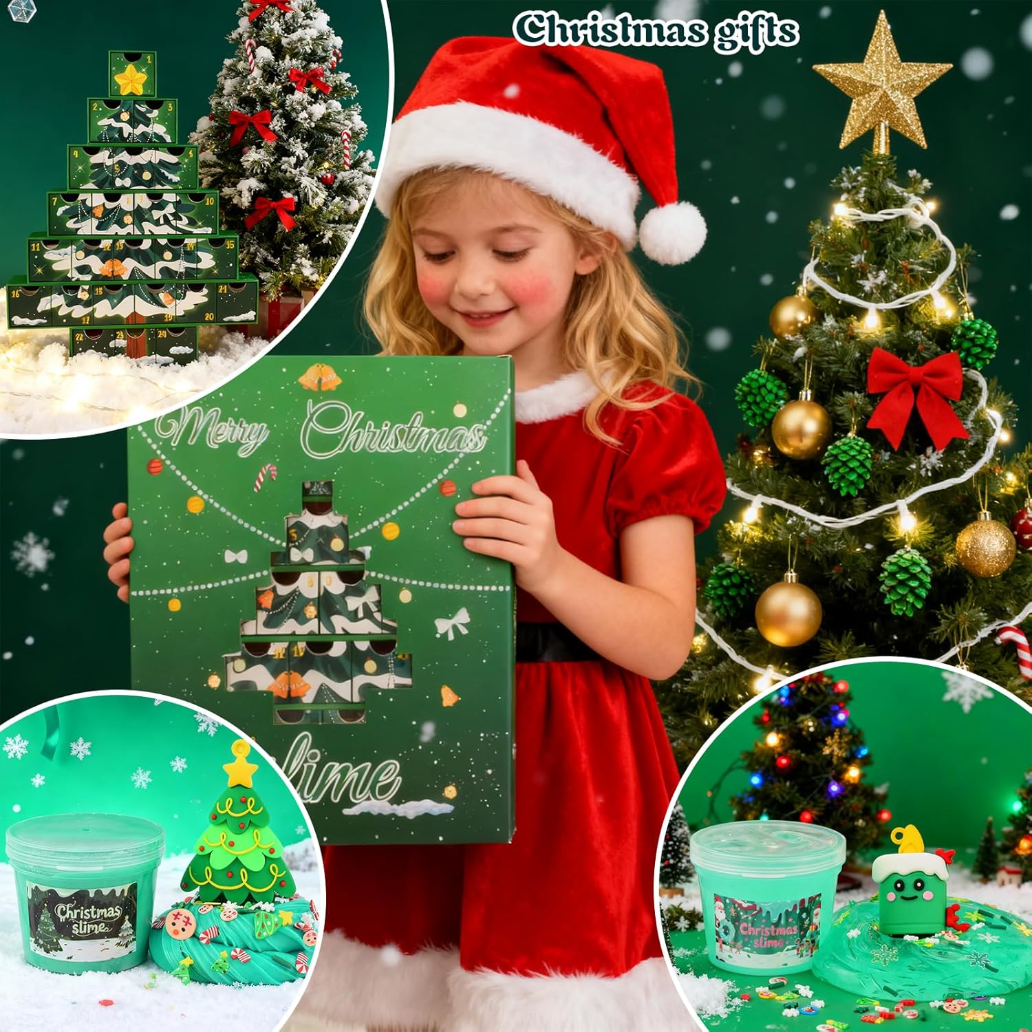 Green Christmas Slime Advent Calendar, 24 Days of Surprise Slime DIY Kit - Fun Toy for Kids, Girls and Boys, Stocking Stuffers, 2025 Christmas Countdown Calendar