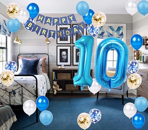 Miniatura 3 de Decoraciones de cumpleaños número 10, color azul para niños y niñas, pancarta de feliz cumpleaños número 10, globos de papel de aluminio de látex
