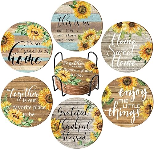Juego de posavasos de 6 piezas, diseño floral otomano vintage, posavasos redondos absorbentes con base de corcho y soporte de metal, girasol