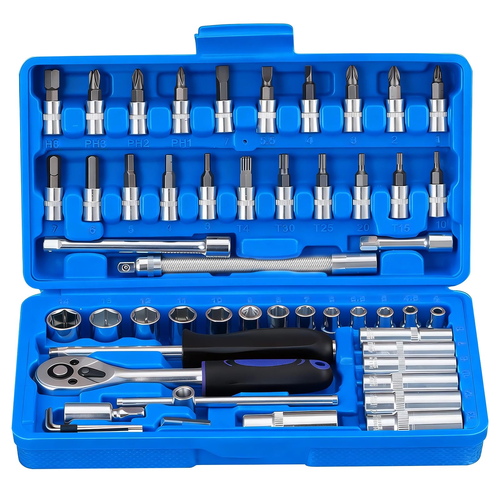 53 Pieces Socket Set, 1/4" Drive Socket Wrench Set, CR-V Drive Socket Set with Extension Bar & Bits, Reversible Ratchet Spanner Metric Ratchet Wrench for Professional Study Bicycle Car Repair (Blue)