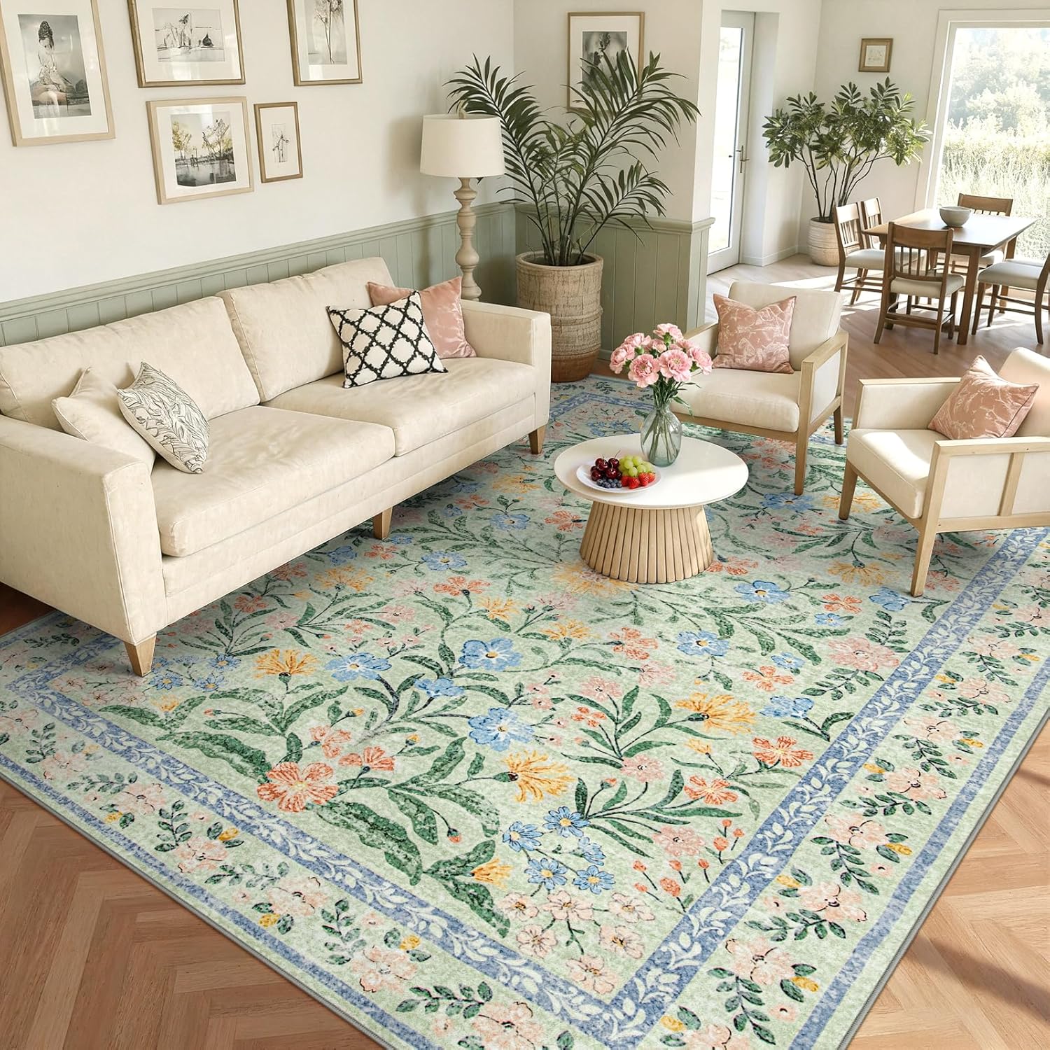 Wonnitar Boho Washable Rugs 8x10, Large Floral Rugs for Bedroom, 8 x 10 Soft Green Living Room Carpet, Non Slip Ultra-Thin Carpet for Kids Playroom Dorm Dining Room - Image 3