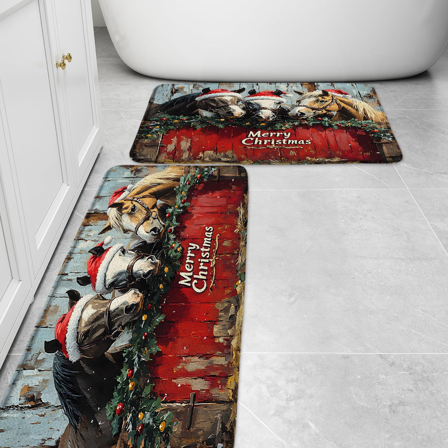 YOZSLGU 2 Pcs Merry Christmas Bath Mat Winter Farmhouse Horses Funny Animals Vintage Xmas Memory Foam Bathroom Kitchen Rug, 17.8 x 29.5 Inch and 15.7