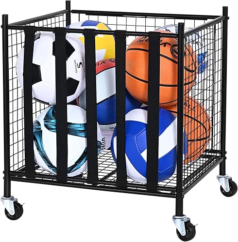 VEVOR Carrito de almacenamiento de pelotas deportivas con ruedas, jaula de baloncesto con cierre con correas elásticas, organizador de soporte de