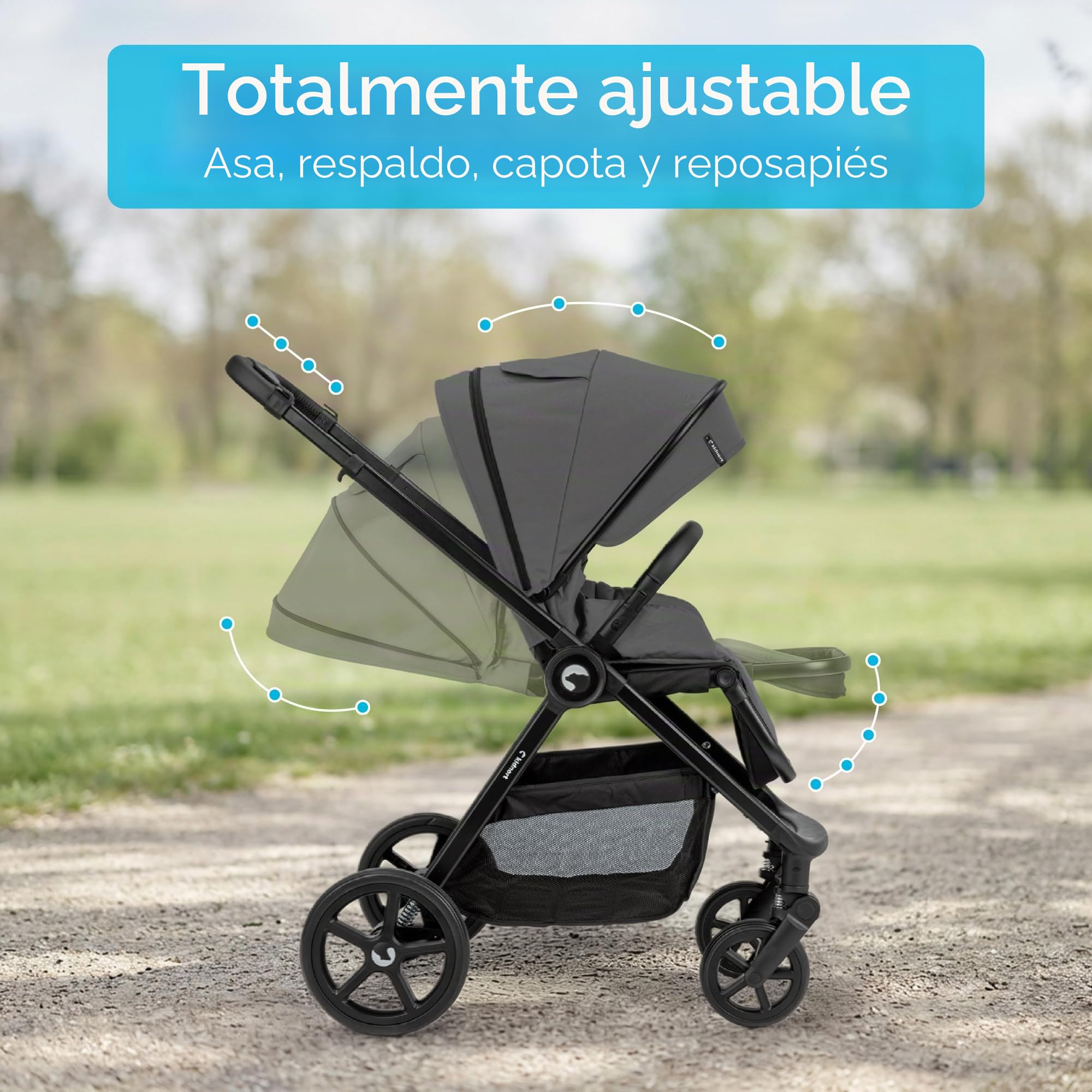 Älskar - Cochecito de bebé reversible, plegable, compacto, hasta 22 kg, respaldo ajustable, techo con protección UV, cinturón de 5 puntos, cubierta para lluvia, mosquitera, bolsa gris oscuro