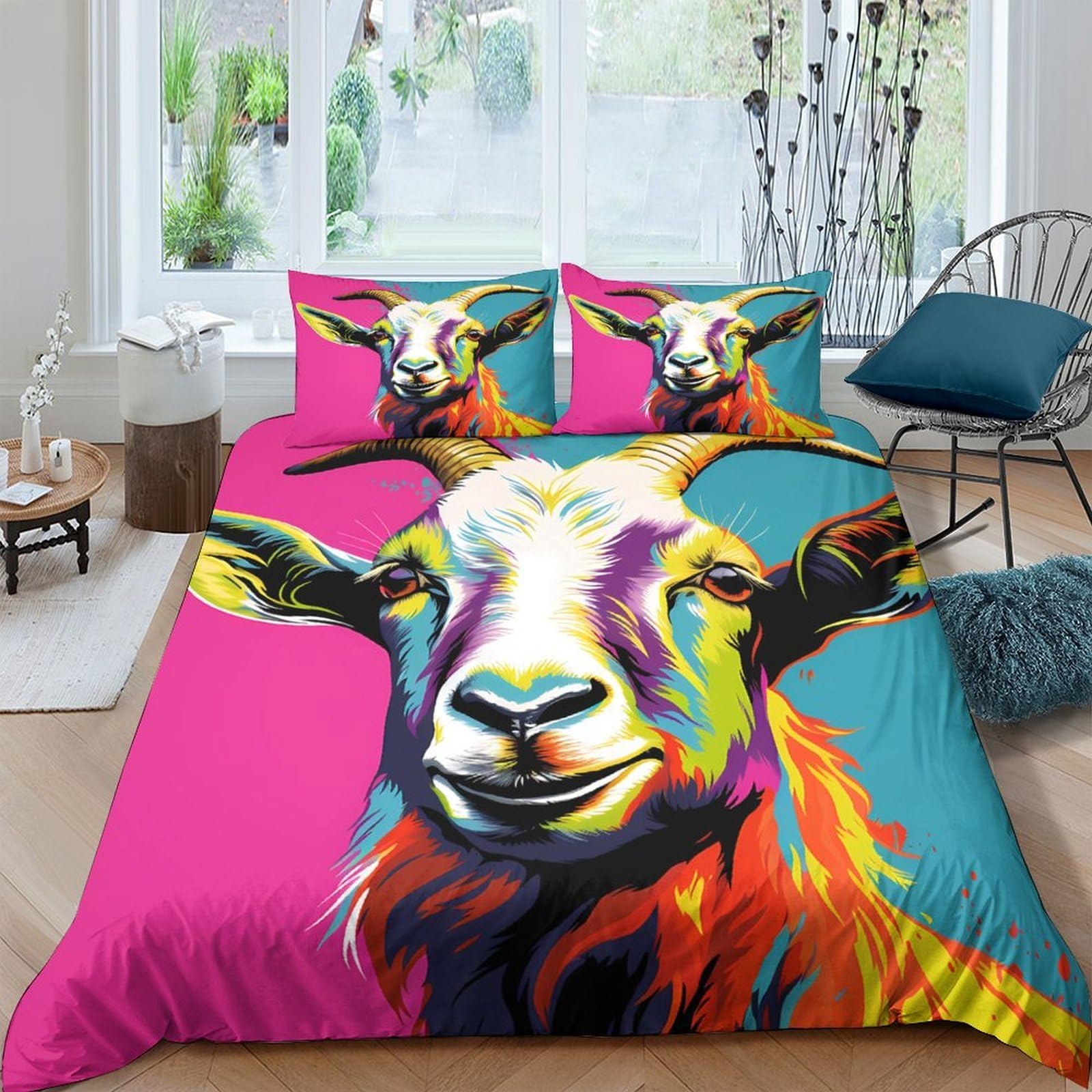 Ctjqhvkz Style-9 3D Printed Colorful Goat Fitted Sheet Microfiber Soft Breathable Artistic Farmhouse Bed Cover For Bedroom Dorm Decor Single（135X200cm）