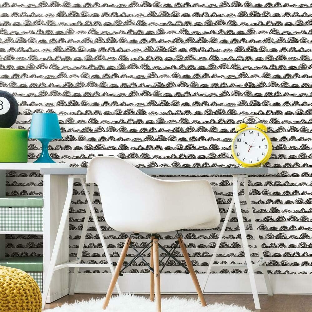 RoomMates RMK11815WP Doodle Scallop Peel and Stick Wallpaper, Black and White