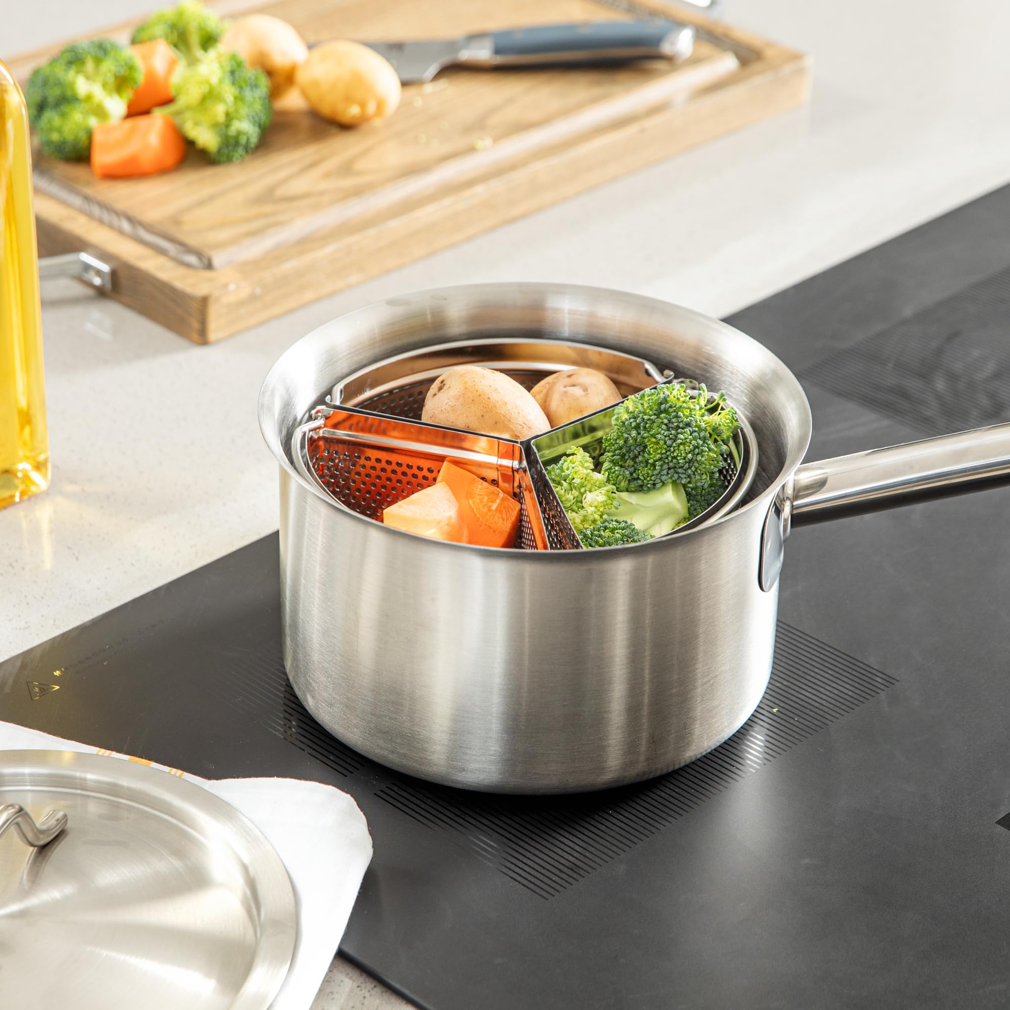 Restaurantware Cestello per cottura a vapore per pentola a vapore 3 pezzi separatore trio in acciaio inox divisore per cottura di verdure, gnocchi, uova, frutti di mare, pasta, pentola a pressione