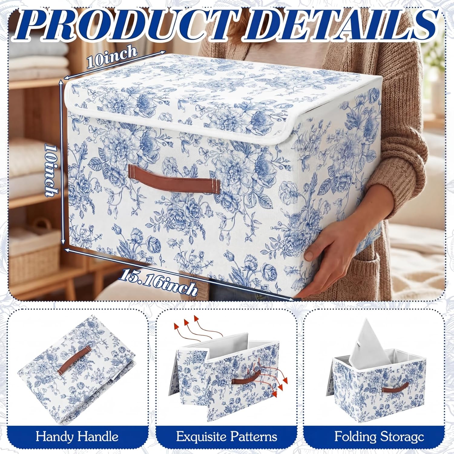 2 Pack Blue Floral Storage Bin with Lids Handles Large Blue and White Porcelain Storage Boxes 15x10x10 Inch Foldable Fabric Basket Decorative Cube Organizer for Clothes Nursery Home Dorm