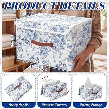 2 Pack Blue Floral Storage Bin with Lids, 15x10x10 Inch