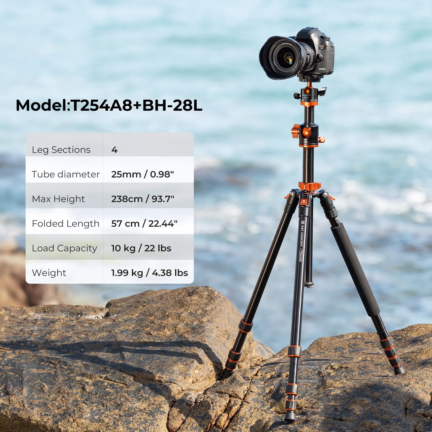 K&F Concept 238CM Stativ, T254A8(SA254T1) Kamerastativ mit verlängerten 90° Mittelsäulen, 360° Panorama Fotostativ mit Tragtasche, Tripod mit Schnellwechselpatte für Digitalkamera