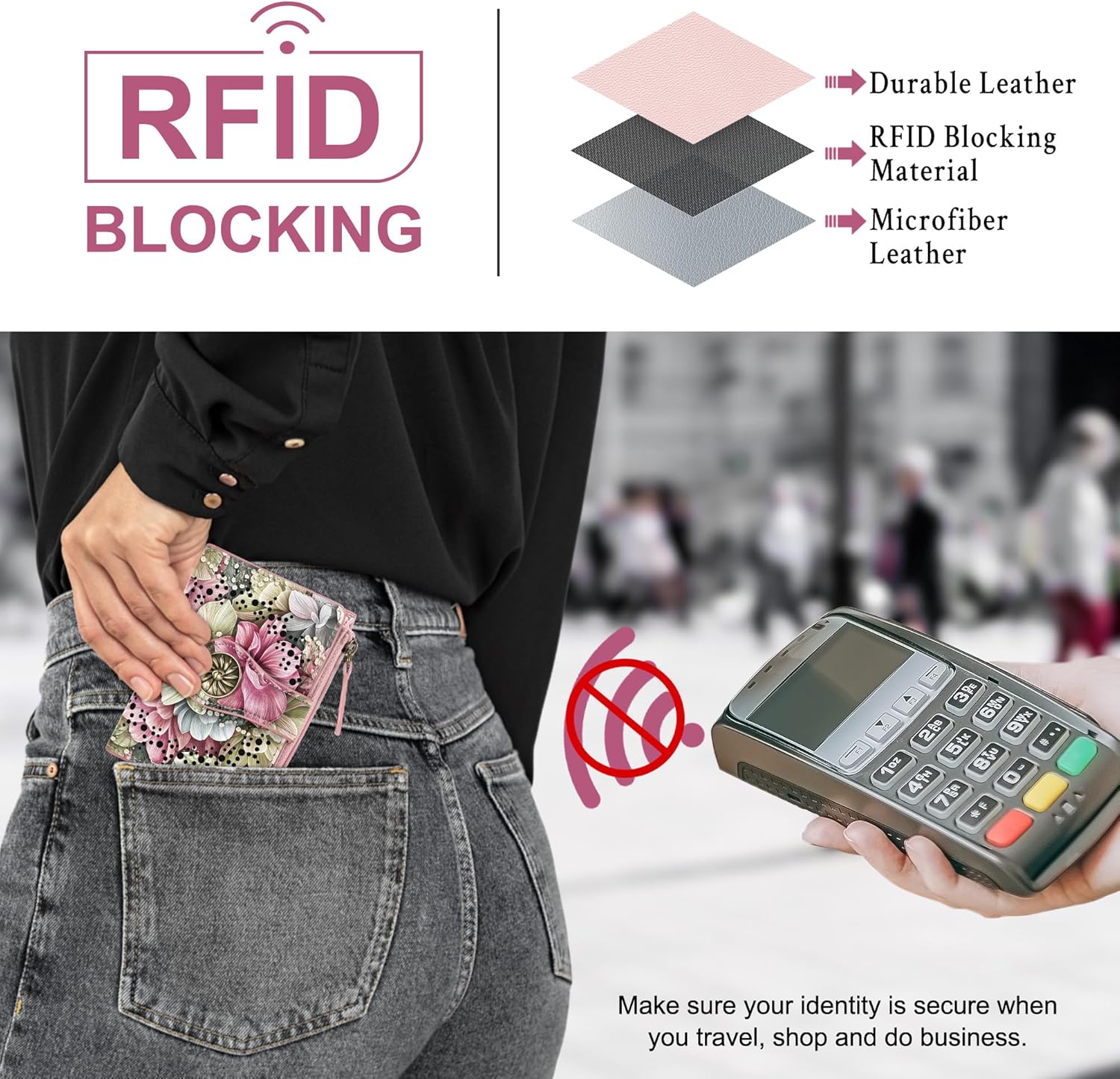 Small Wallet Women Coin Pocket Bifold RFID Blocking Card Holder Leather Wallets with Zipper - Image 3