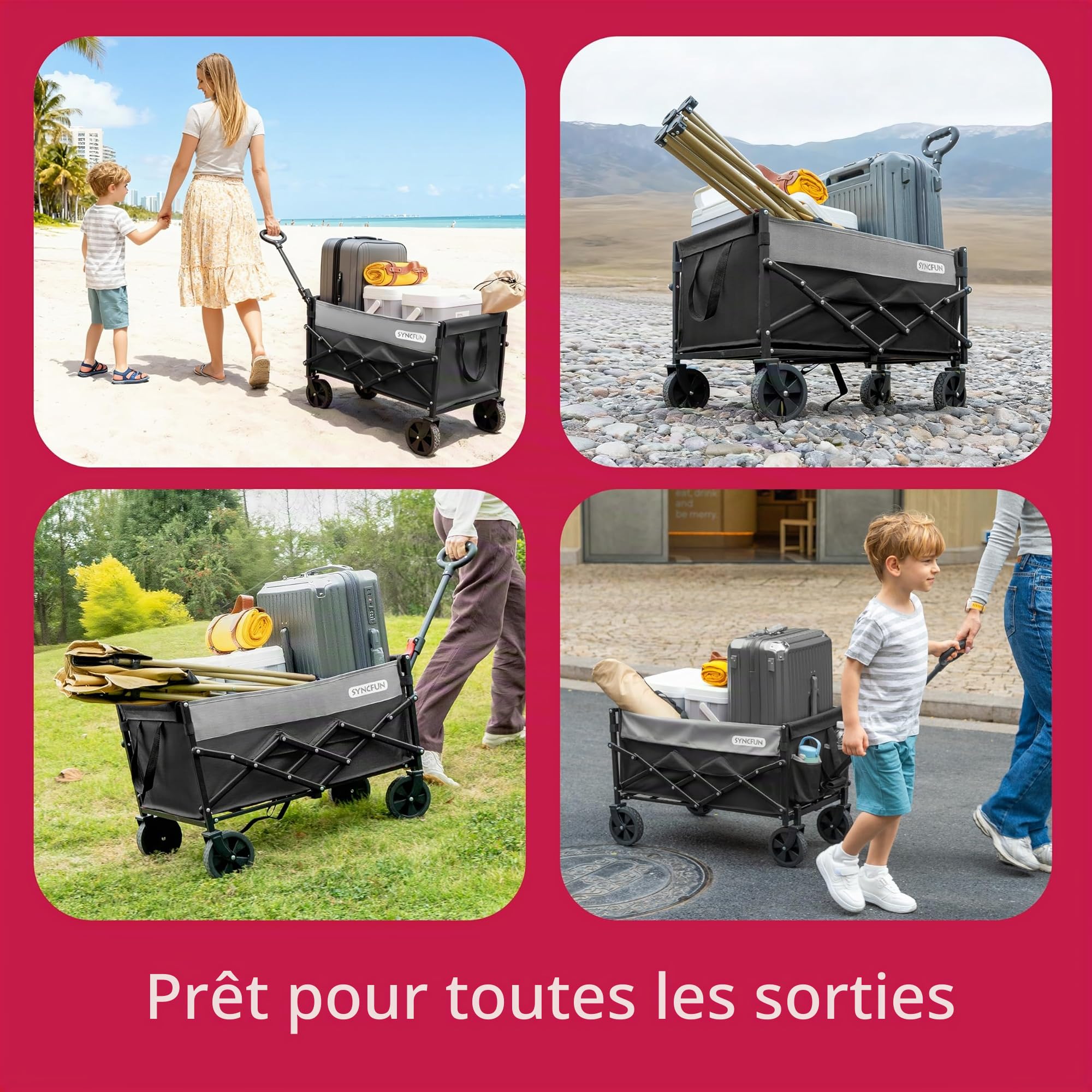 SYNCFUM Chariot de chariot pliable avec roues, robuste, 250 kg, avec poignée flexible, chariot utilitaire de plage pour jardin, camping et noir