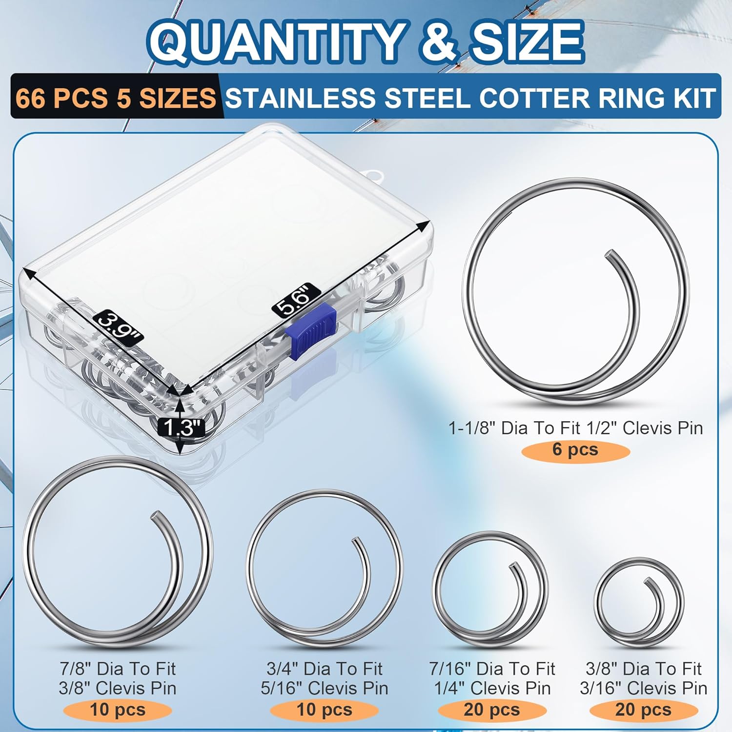66 Pcs 5 Sizes Stainless Steel Cotter Ring Kit, Durable 316 Stainless Steel Split Rings Secure Popular Sizes of Clevis Pins, Corrosion Resistant Marine Hardware for Hitch Pin Lock Systems