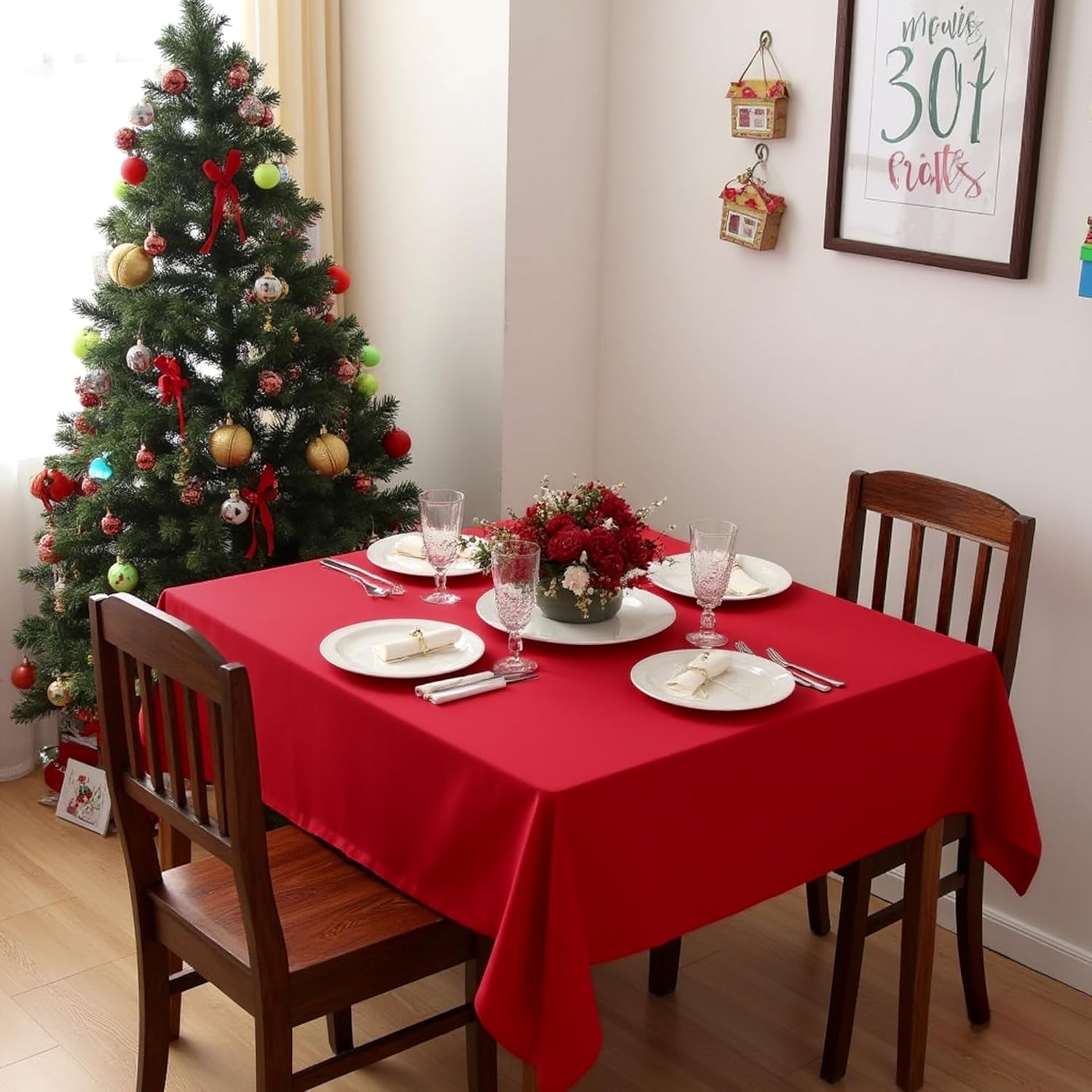 sancua Christmas Red Square Tablecloths 54x54 Inch - Fabric Table Cloth for Square or Round Tables, Washable Polyester Table Cover for Dinner, Holiday Party, Decorative Display Tables Red 54" x 54" (Square)