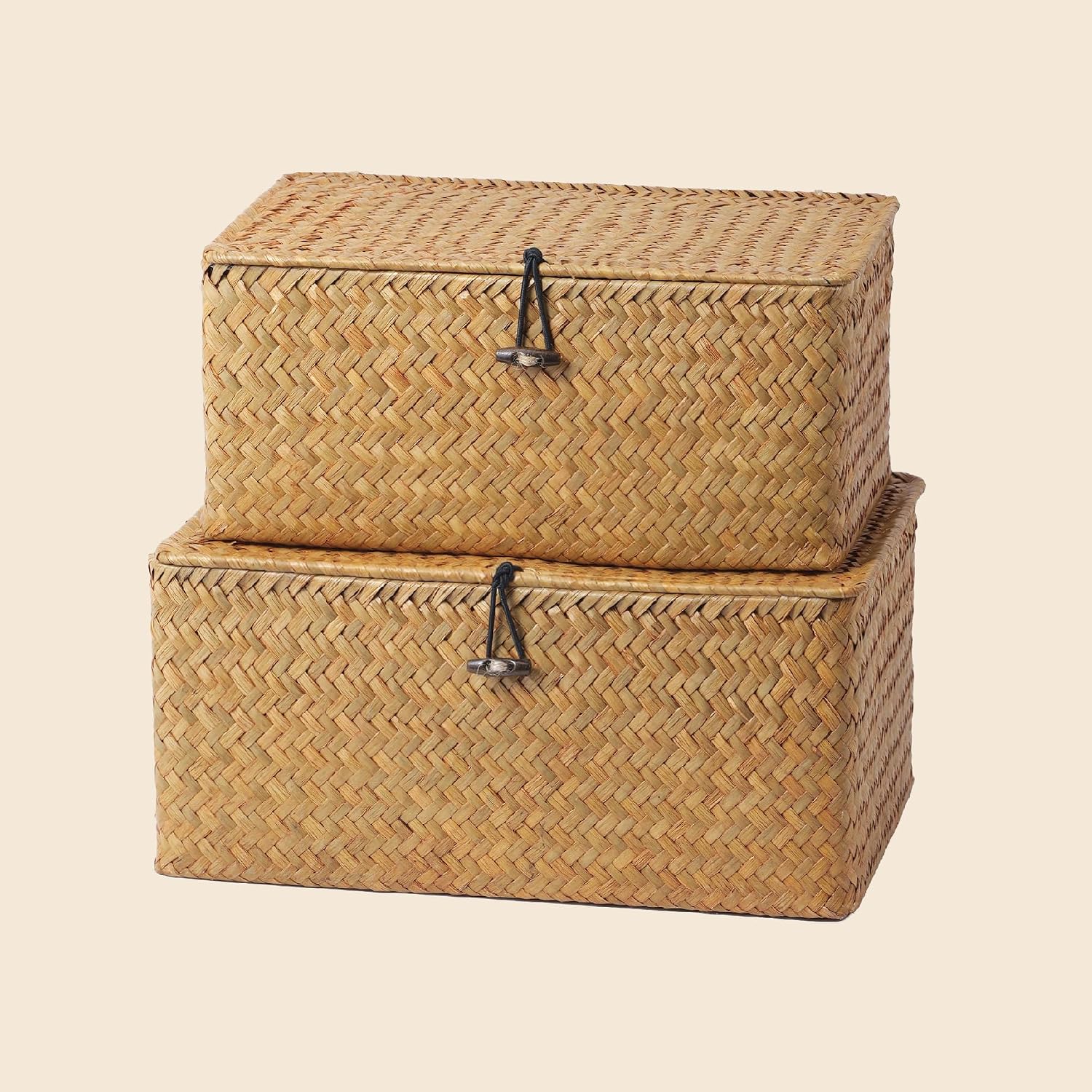 Nonam M&L Seagrass Storage Baskets with Lids, Woven Organizer Bins, Natural