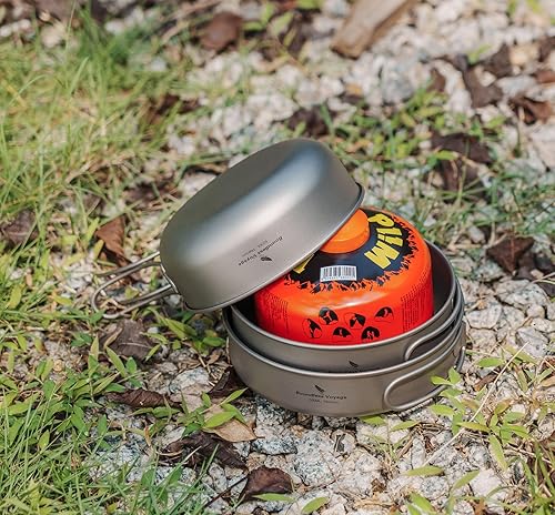 Miniatura 11 de iBasingo Juego de 3 piezas de ollas de titanio para acampar con mango plegable, juegos de ollas de cocina para campamento al aire libre