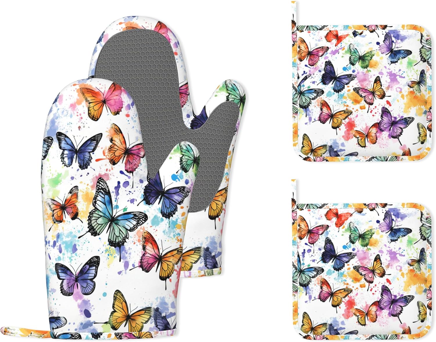 Butterfly Heat-Resistant Silicone Oven Mitts and Pot Holder 4 Piece Set,Colorful Non-Slip Kitchen Oven Gloves for Baking, BBQ, Cooking,Grilling