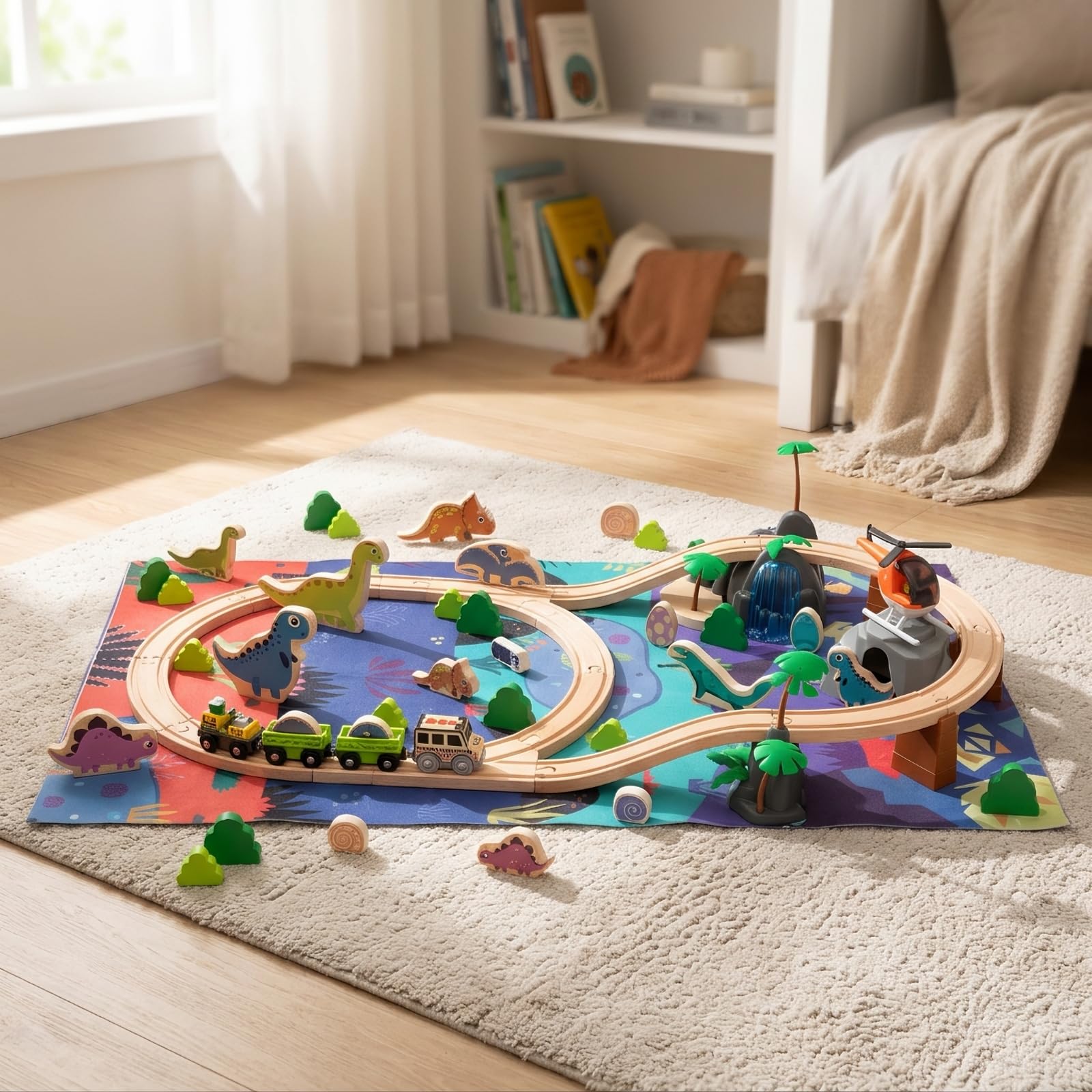 Gralara Pista Giocattolo con Dinosauri | Educativo, Set Ferroviario in Legno, Espandibile, Trenino di Legno, per Cameretta, Asilo