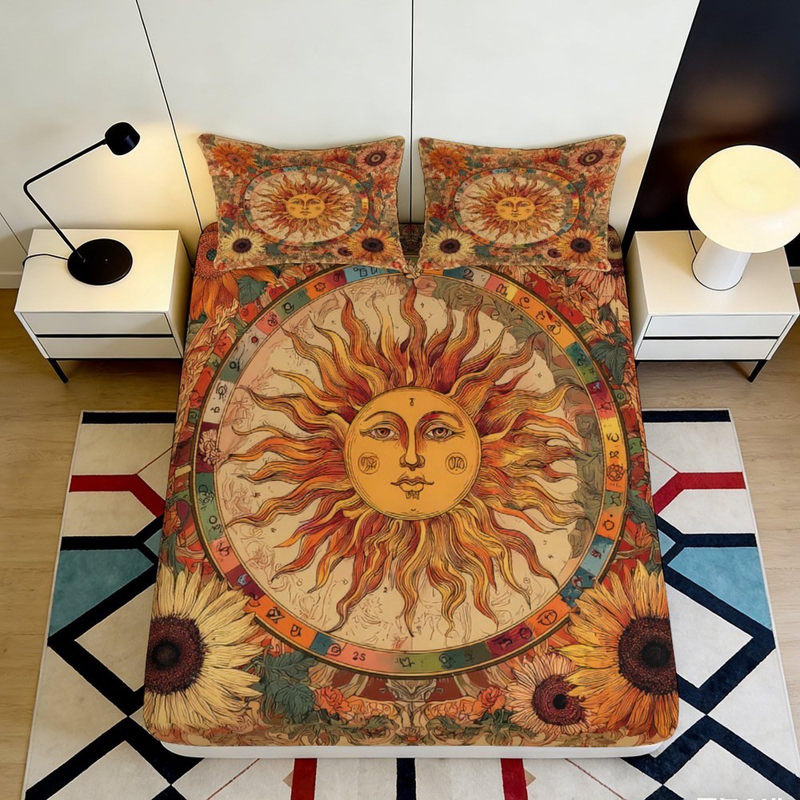 3D Printed Sun Mandala Fitted Sheet Microfiber Soft Retro Celestial Bed Cover for Bedroom Dorm Room Mattress Protection Decor 90x200x25cm