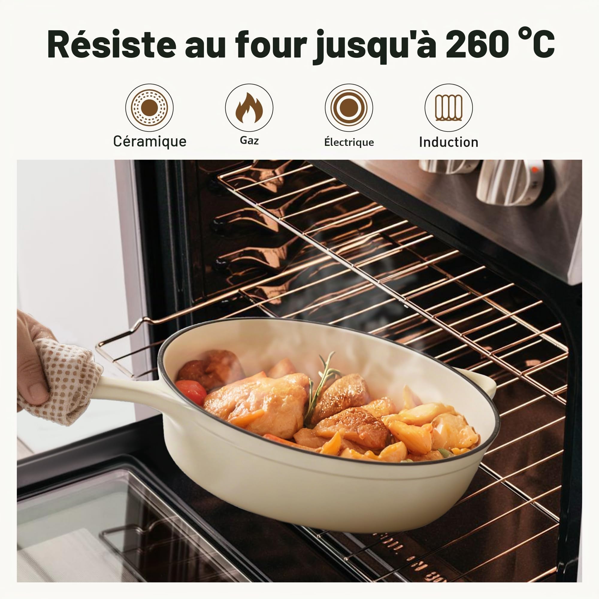Kitchen Academy Lot de 7 Casseroles en Fonte émaillée Induction Beige Casseroles et Poêles Antiadhésif, Cocotte Fonte Émaillée avec Couvercle non Toxique Batterie de Cuisine Tous Feux