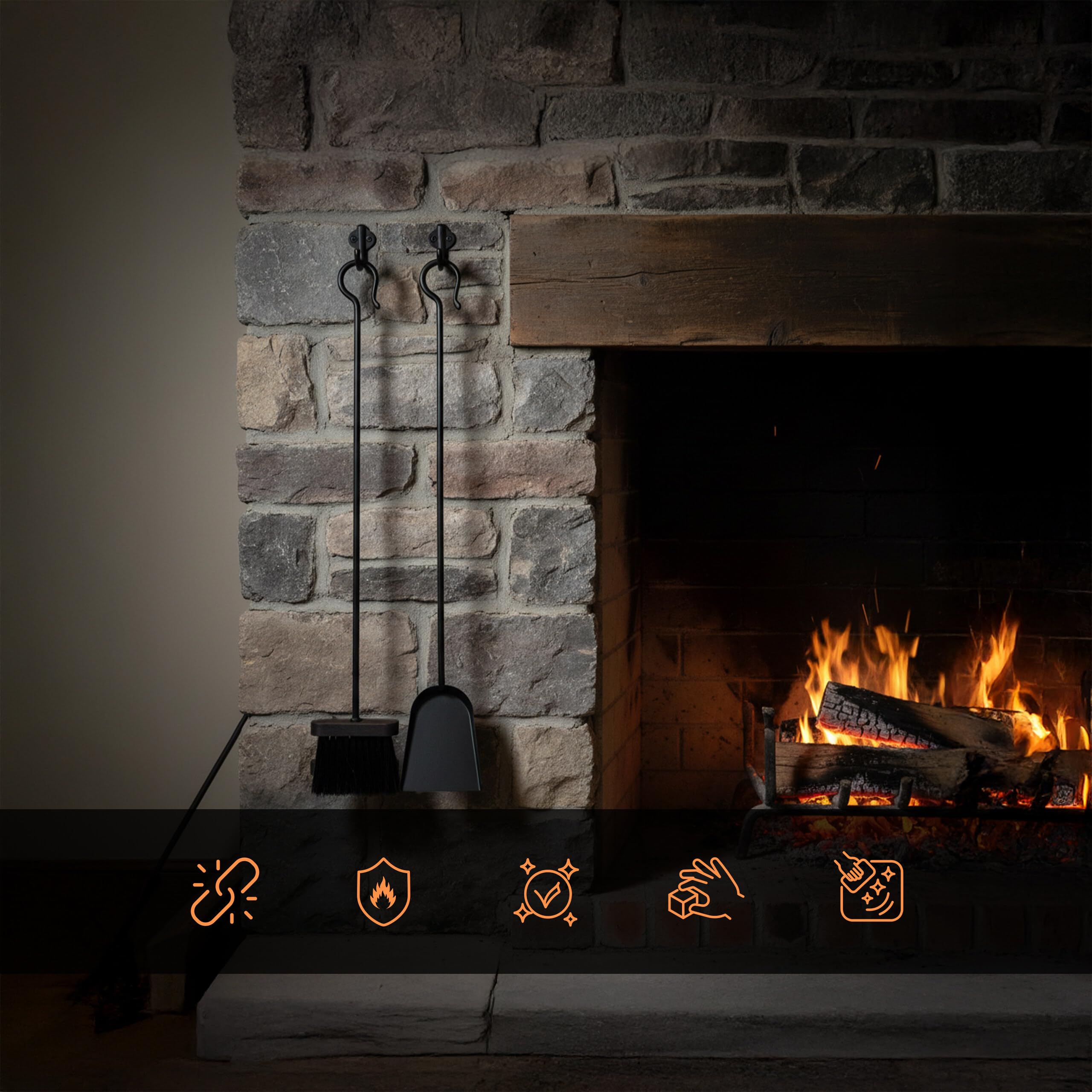 Relaxdays Set Pulizia Camino 2 Pezzi Paletta Scopa Cenere Ferro Nero