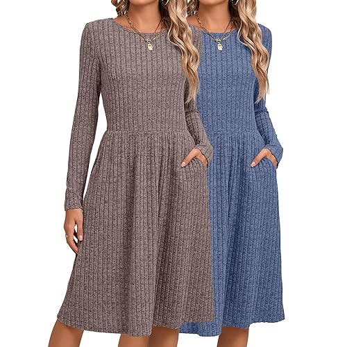 Riyiper 2 Pack Women's Long Sleeve Sweater Dress Ribbed Pleated