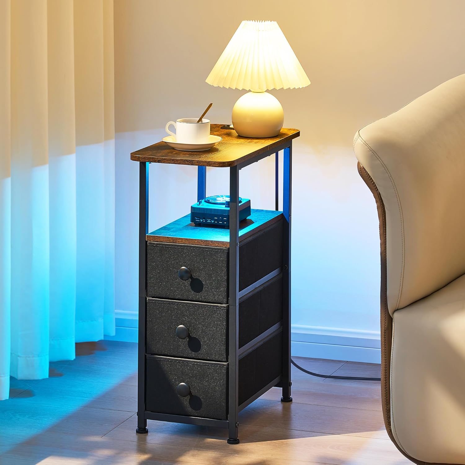 narrow end table with charging station, narrow side table with drawer, small nightstand with led light, skinny nightstand, small bedside table for living room, bedroom, couch, rustic brown medium(9.5" w x 18.9" d) 3-drawer rustic brown