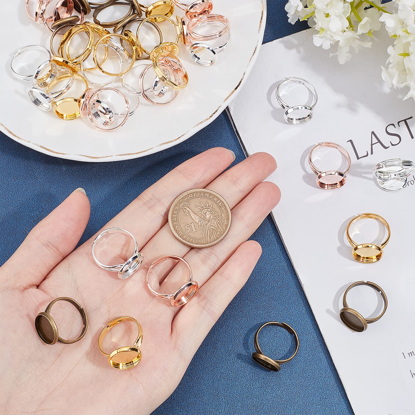 30 Supporti Per Anelli Cabochon Regolabili + 30 Cabochon In Vetro 12mm – Oro E Acciaio, Per Gioielli Fai Da Te