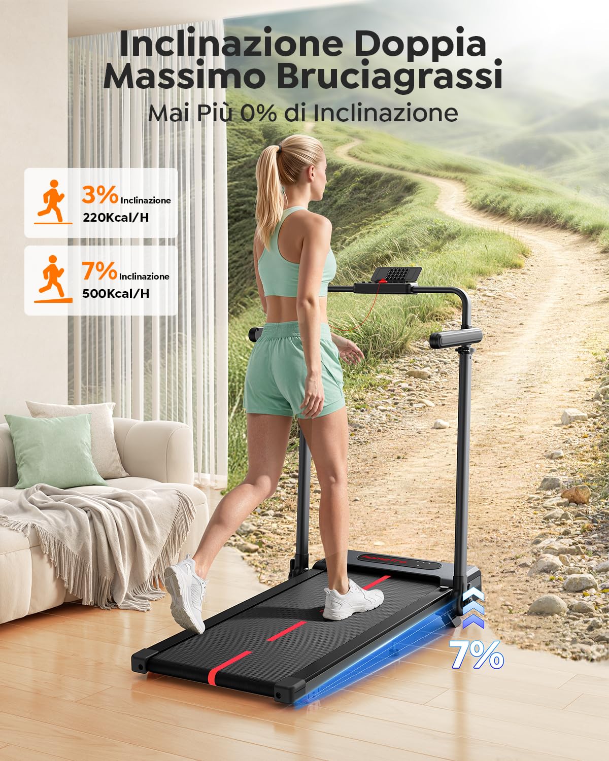 Tapis Roulant Elettrico Pieghevole 3.0HP, Walking Pad Salvaspazio con Inclinazione, Velocità 12 km/h, Doppio Corrimano, Tavolino Rimovibile, Altezza Regolabile +15 cm, Treadmill Casa/Ufficio