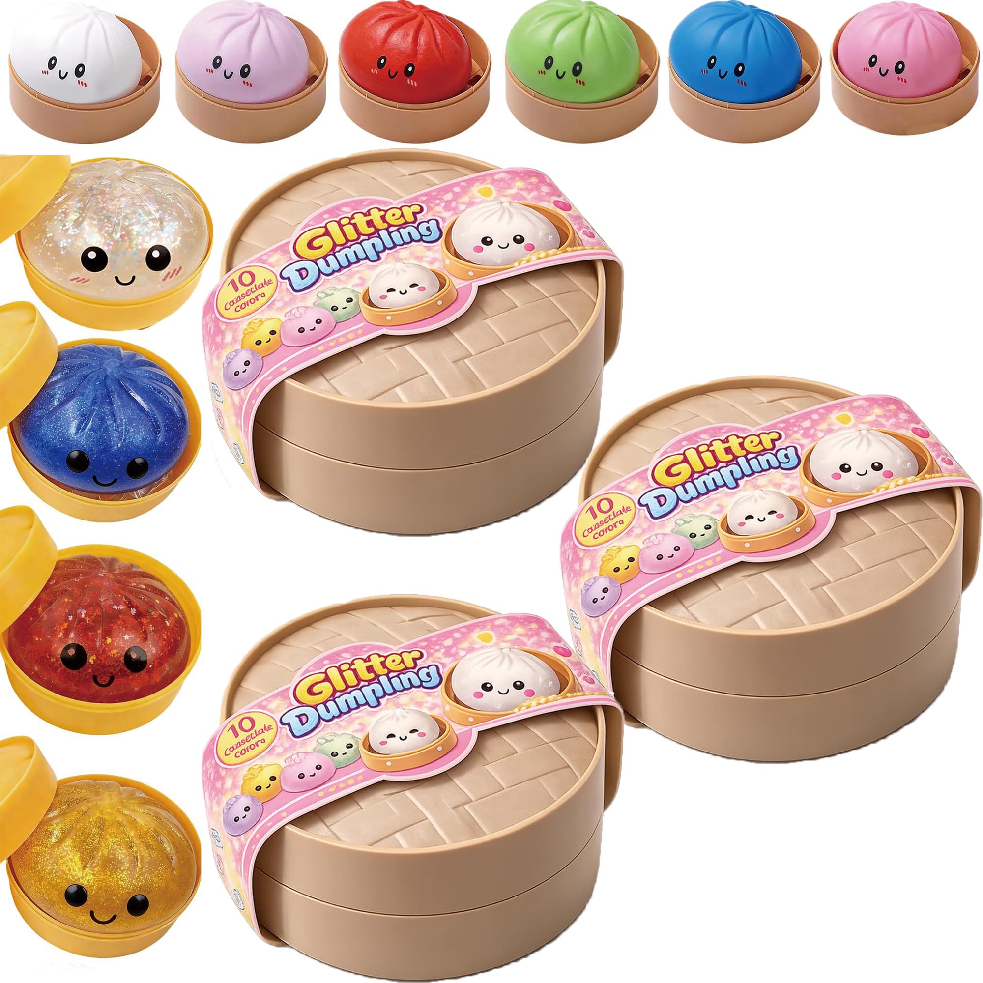 Glitter Dumpling Squishy, 2/3/4 Dumpling Squishy Mystery Box, Easter Basket Stuffers, Stocking Stuffers with Food Steamer Stretchy Desk Toys (Random-3PCS)