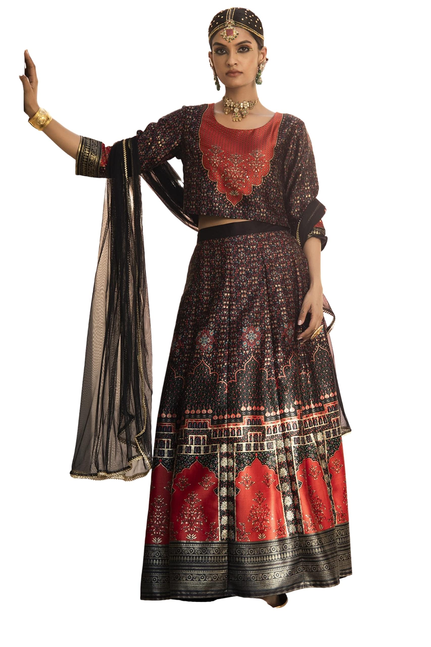 Women's Black Dull Satin Festive Printed Crop Choli-Skirt Dupatta Set-image-20