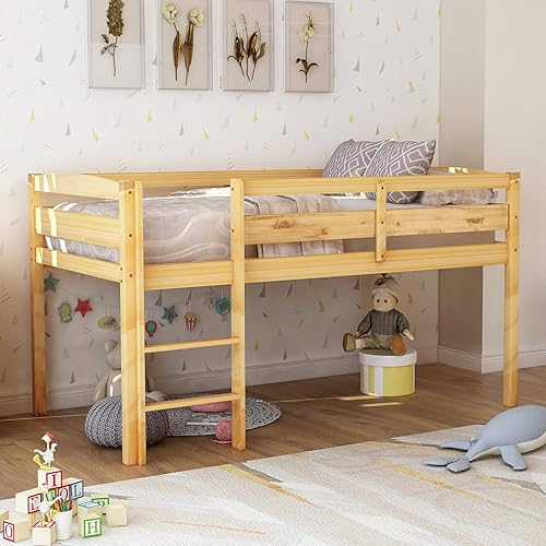 P PURLOVE Cama tipo loft individual, marco de cama baja de madera para niñas y niños, no necesita somier, color natural