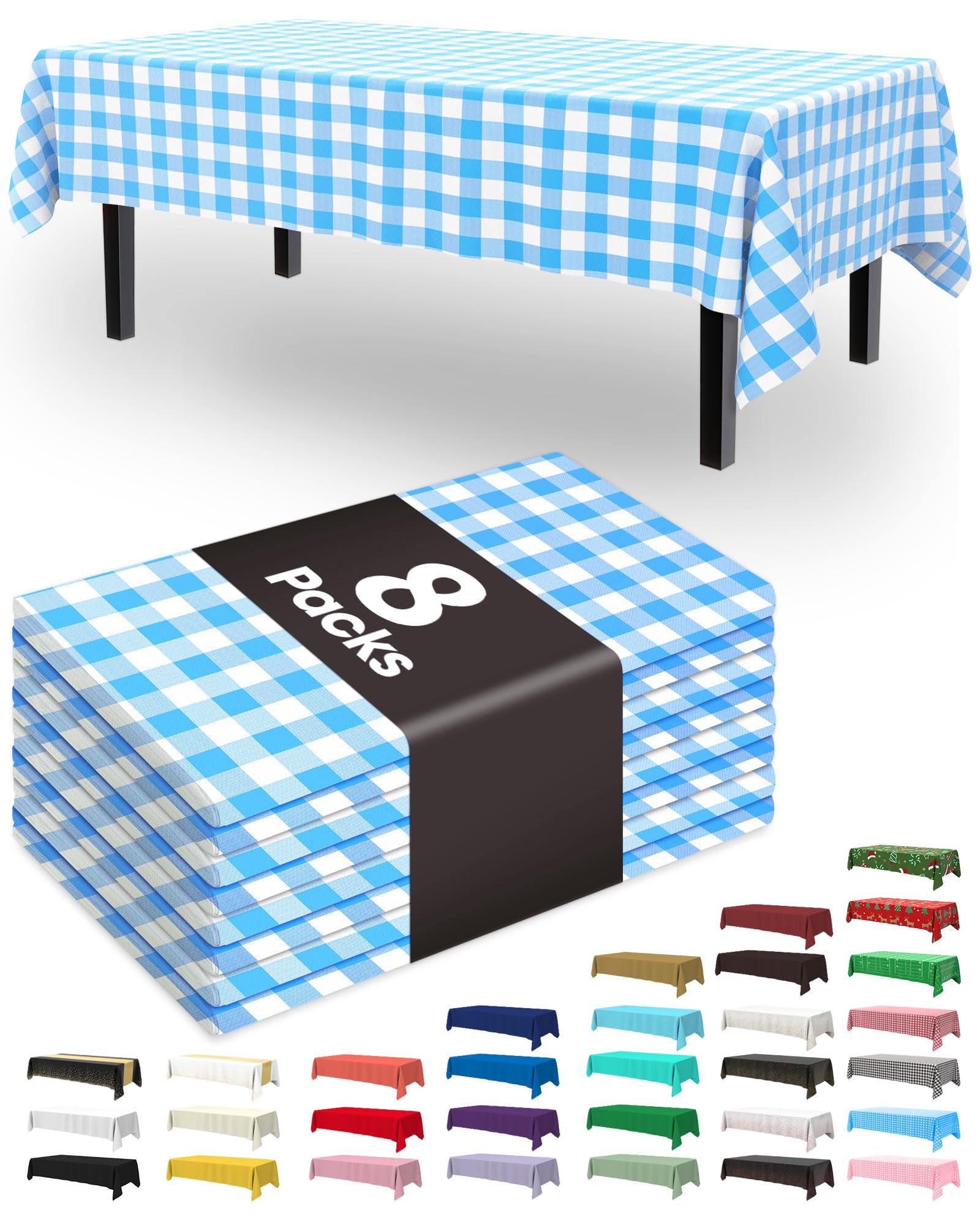 Pureegg Plastic Table Cloth Disposable 8 Pack, 54 x 108 Inch Table Cloths, Party, Picnic, Decorative Gingham Tablecloths, Rectangle, Blue and White Checkered Cover, Leakproof &amp; Sturdy, Blue Plaid
