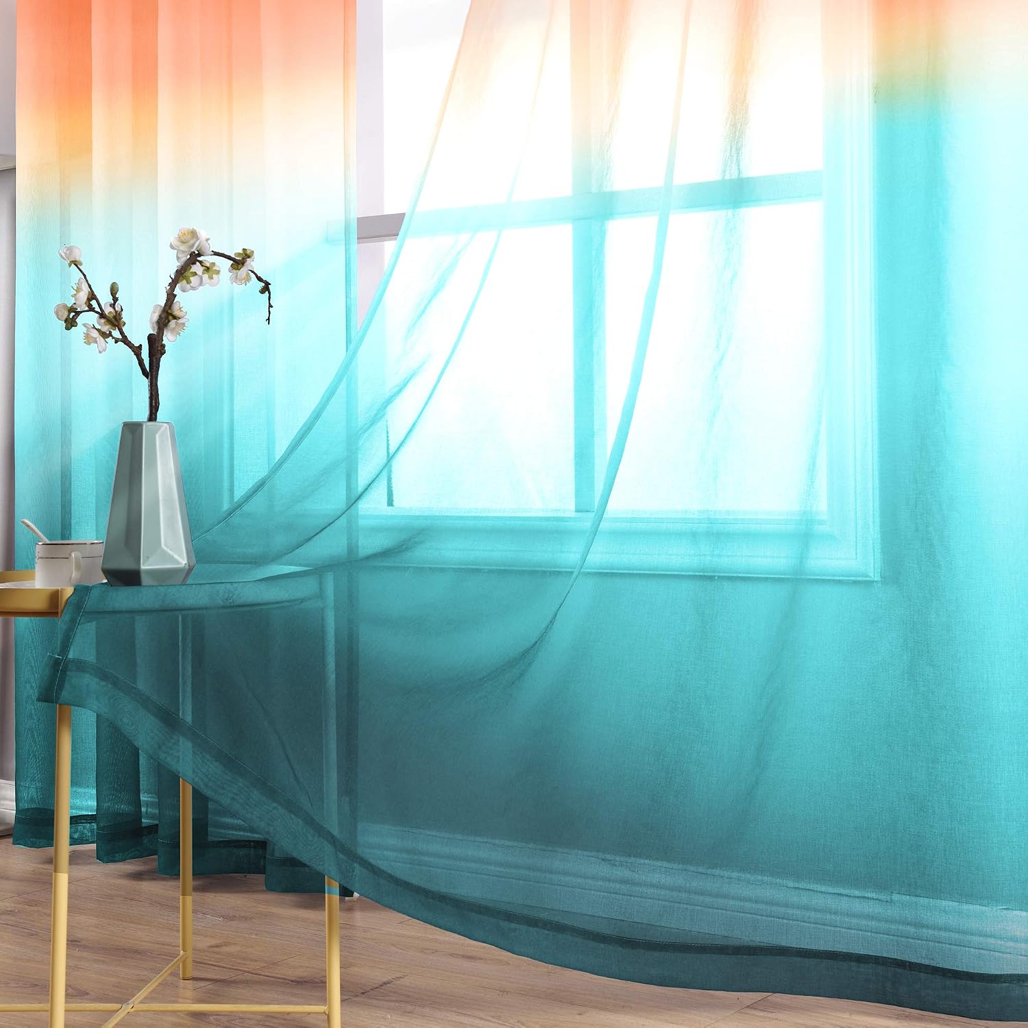 KOUFALL Mid Modern Century Curtains for Summer Living Room 84 Inches Long,Unique Sheer Boho Colorful Curtains for Bedroom 2 Panels 84 Inch Length,Orange and Turquoise Teal - Image 4