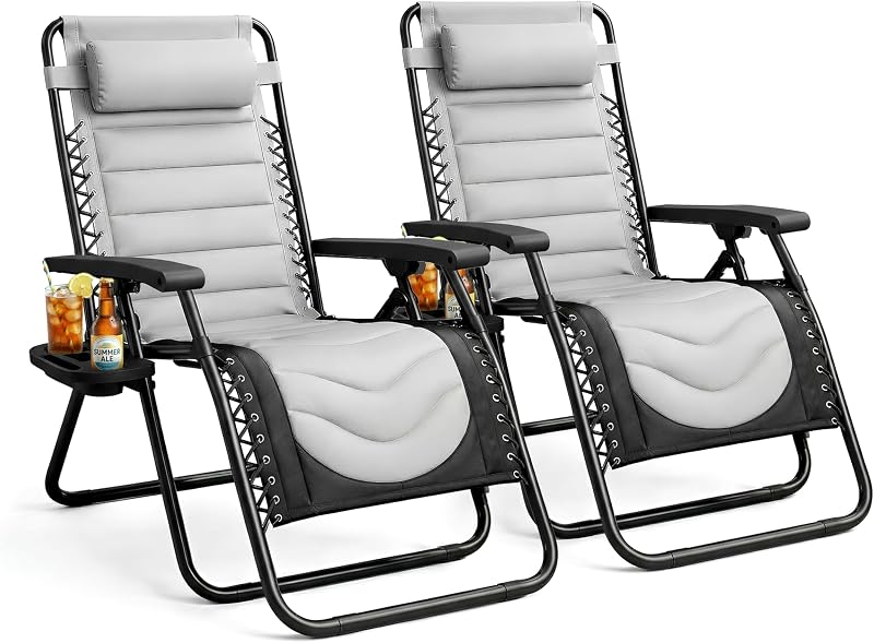 KEPLIN Set of 2 XXL Premium Heavy Duty Padded Two Tone Zero Gravity Chairs - Luxurious Garden Recliners, Adjustable Headrest, Cup & Phone Holder, Foldable, Patio Sun Loungers - 150kg Weight Capacity