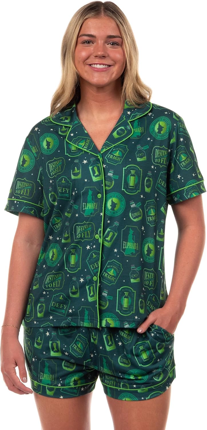 INTIMO Wicked Pajamas Women's Elphaba Thropp Defy Destined To Fly Notch Collar Top and Short 2 Piece Loungewear