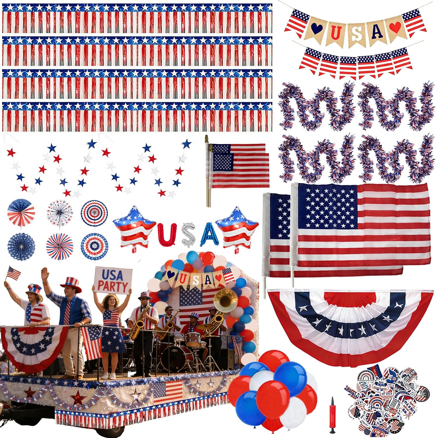 4th of July Golf Cart Decorations Kit - 1776-2026 Flag 250th Patriotic Independence Day Celebration Banner & Garland Set for Outdoor Parade Decor，102pcs