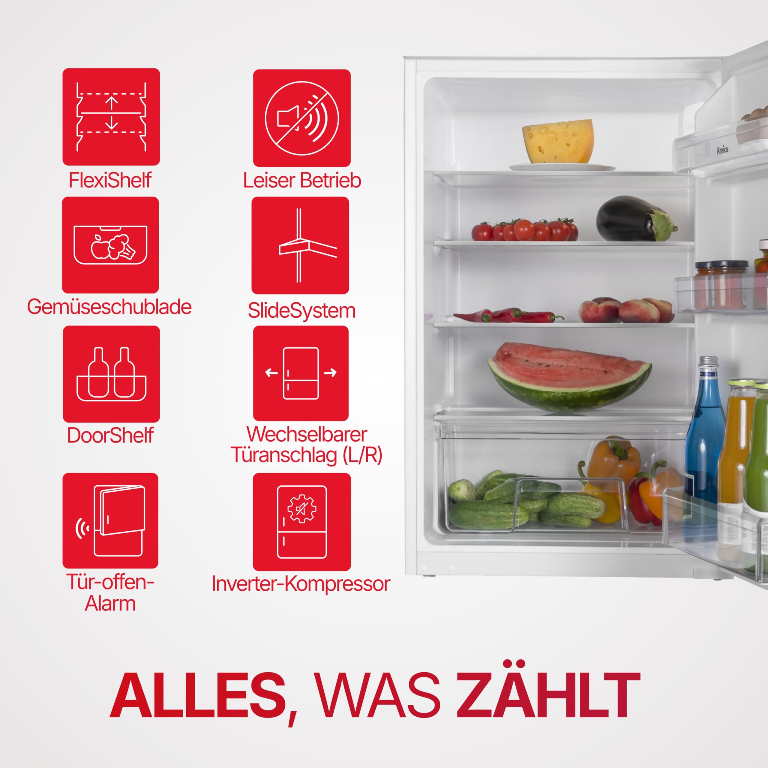 Amica EVKS 16172-1 Einbaukühlschrank 88 cm Nische Schlepptür Inverter Kompressor 135 L LED Beleuchtung Tür-Offen-Alarm