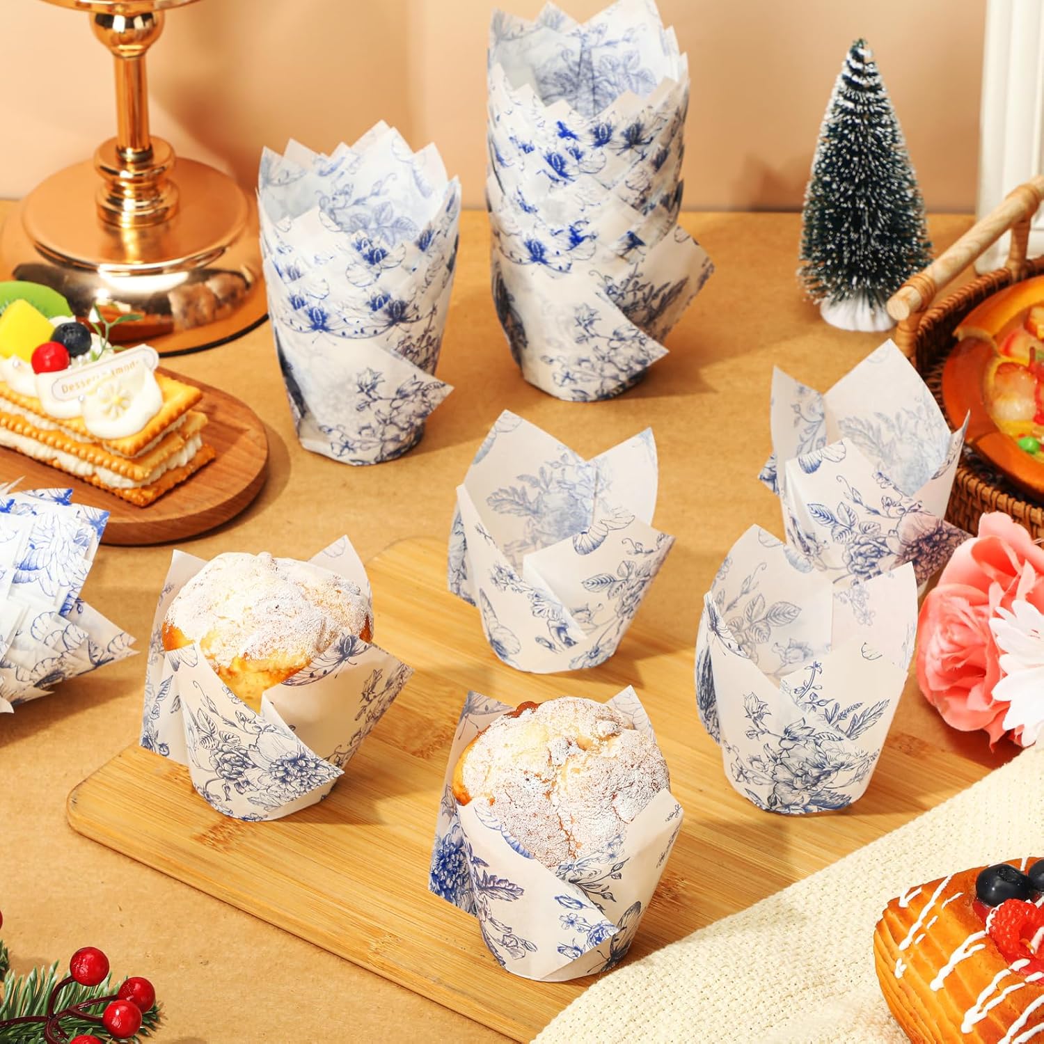200 Pcs Blue Floral Cupcake Wrappers Chinoiserie Blue White Flower Cupcake Liners Mini Baking Cups Wrappers Muffin Liners for Wedding Bridal Baby Shower Birthday Tea Party Dessert Decoration - Image 3