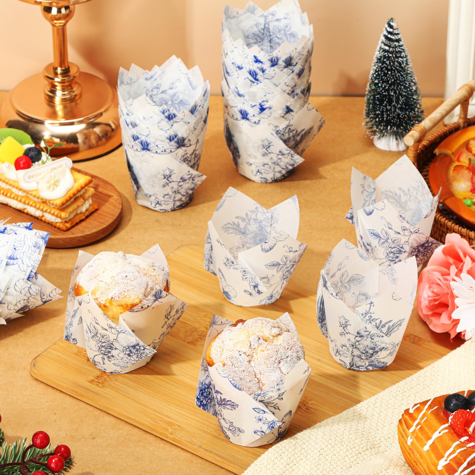 300 Caissettes à Muffins Hawaïennes En Papier – Motifs Tropicaux Bleus – Pour Fêtes Et Anniversaires