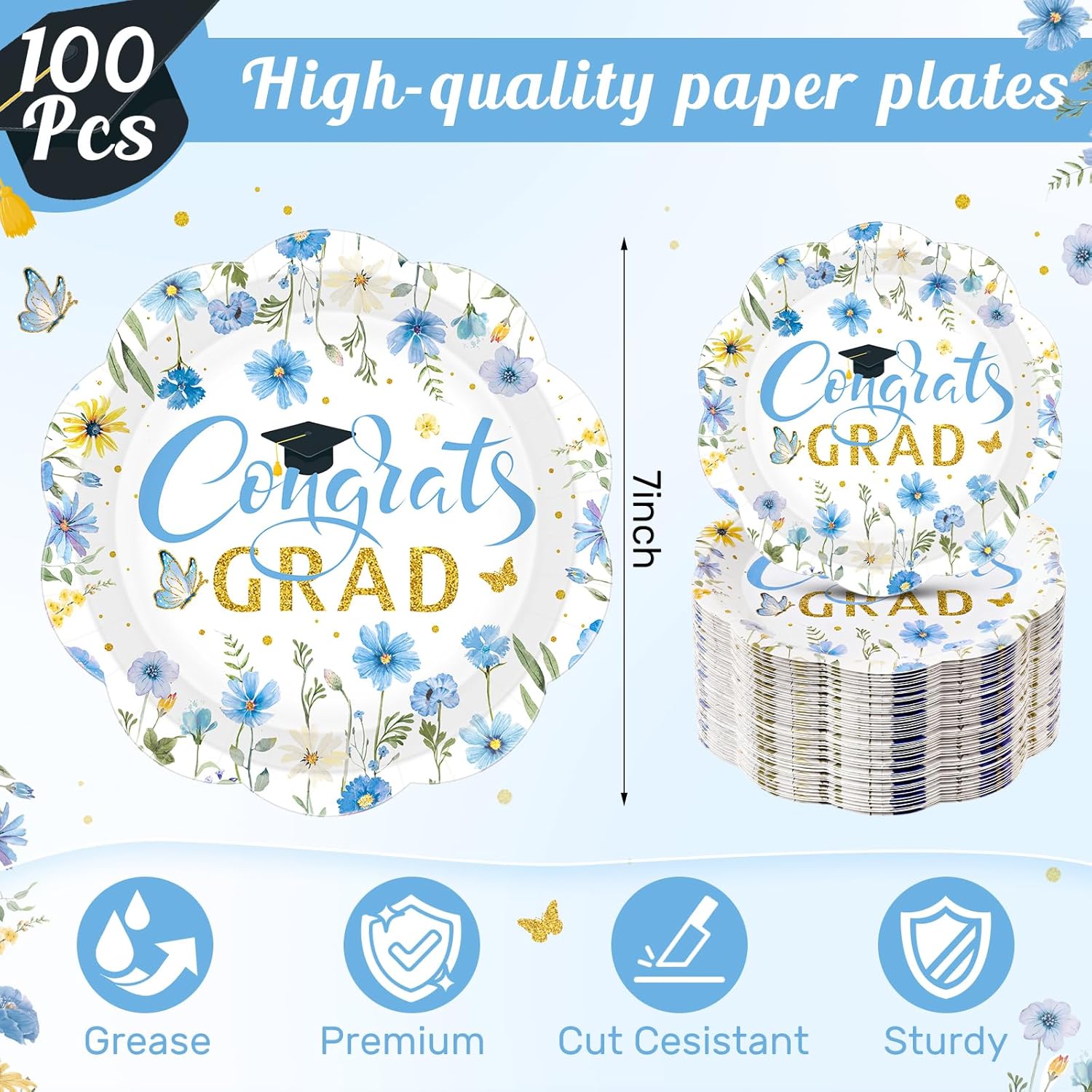 Funnymoom 100 Pcs Graduation Party Supplies Class of 2026 Graduation Paper Plate Napkin Cup Floral Cutlery Congrats Grad Disposable Wildflower Tableware Set for Congrats Grad Party Decorations